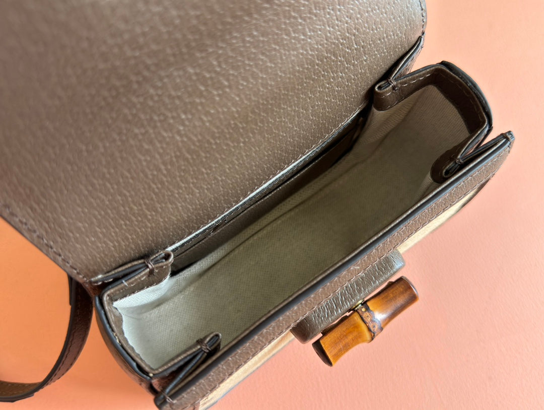 Gucci Bamboo Bag 17cm Brown mix Beige Canvas Leather 248506 mysite