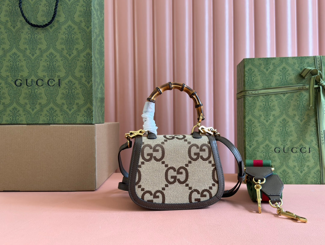 Gucci Bamboo Bag 17cm Brown mix Beige Canvas Leather 248506 mysite