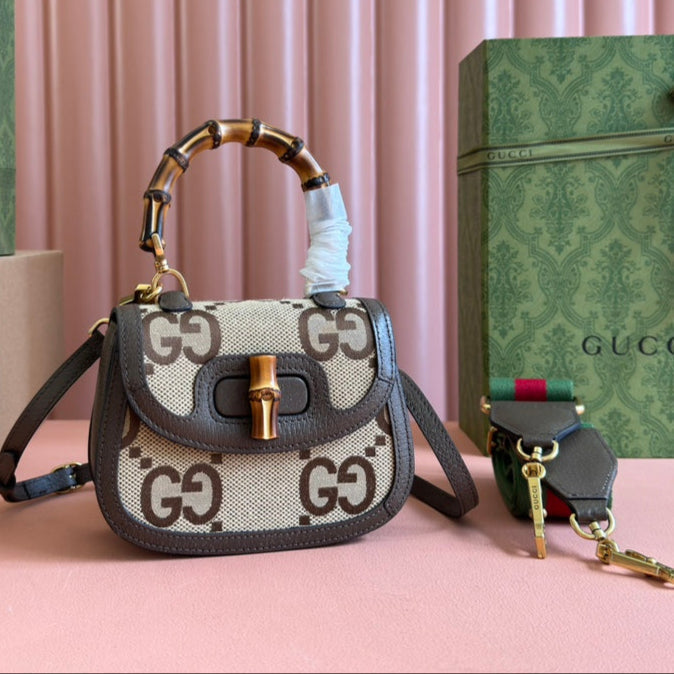 Gucci Bamboo Bag 17cm Brown mix Beige Canvas Leather 248506 mysite
