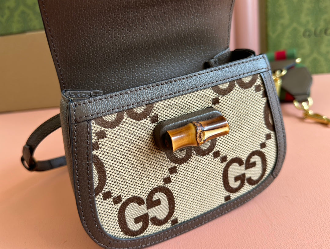Gucci Bamboo Bag 17cm Brown mix Beige Canvas Leather 248506 mysite