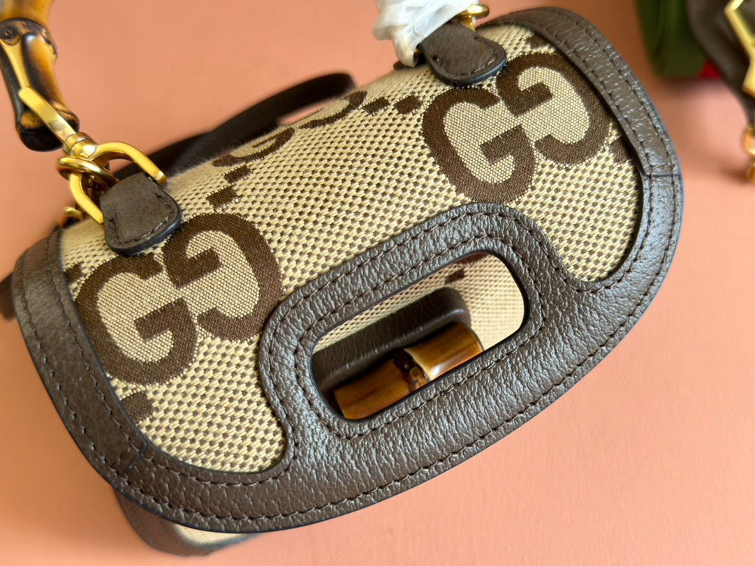 Gucci Bamboo Bag 17cm Brown mix Beige Canvas Leather 248506 mysite