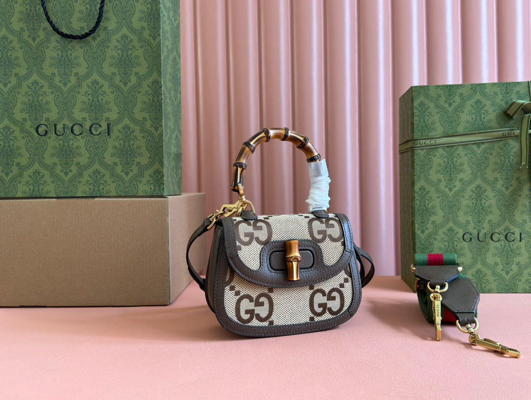 Gucci Bamboo Bag 17cm Brown mix Beige Canvas Leather 248506 mysite