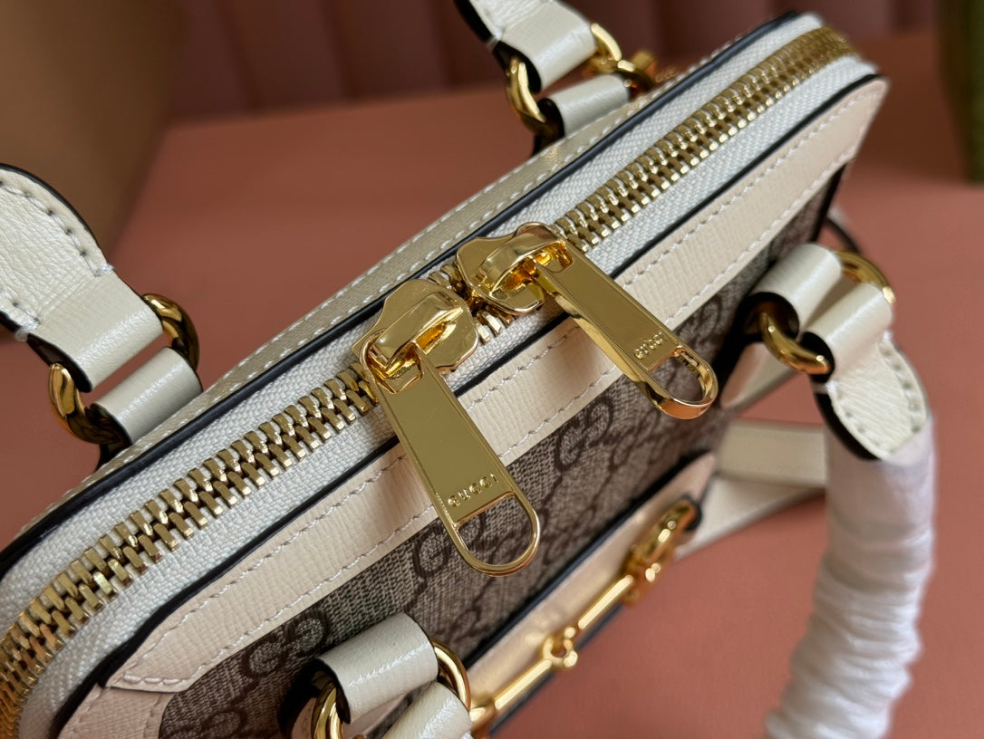 GG Horsebit 1955 Small Top Handle Bag Beige & White GG Monogram Fabric 272171 mysite