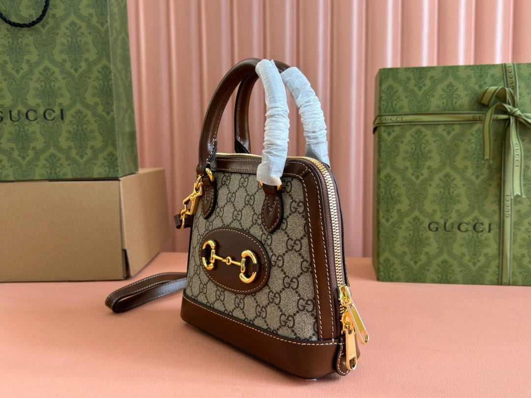 GG Horsebit 1955 Small Top Handle Bag Beige & Black GG Monogram Fabric 272170 mysite