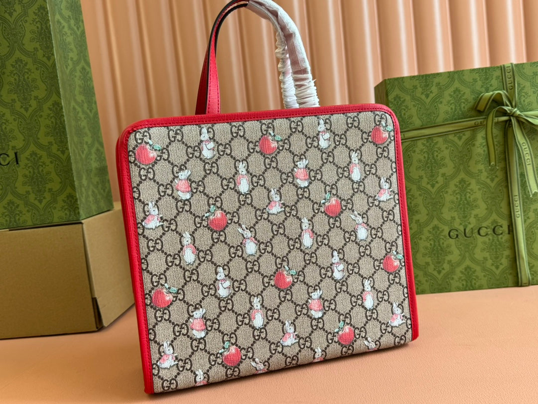 Gucci Bunny Print Tote Bag Red Beige Canvas 231228 mysite