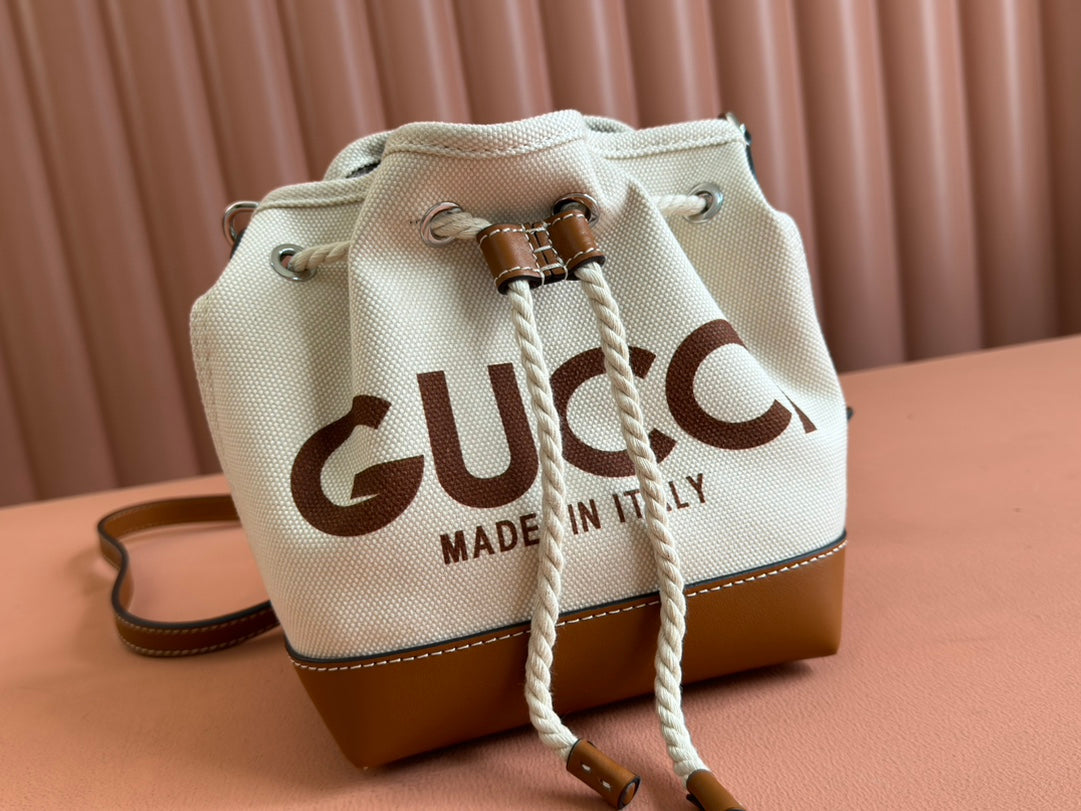 Gucci Bucket Bag Brown White Leather Canvas mysite