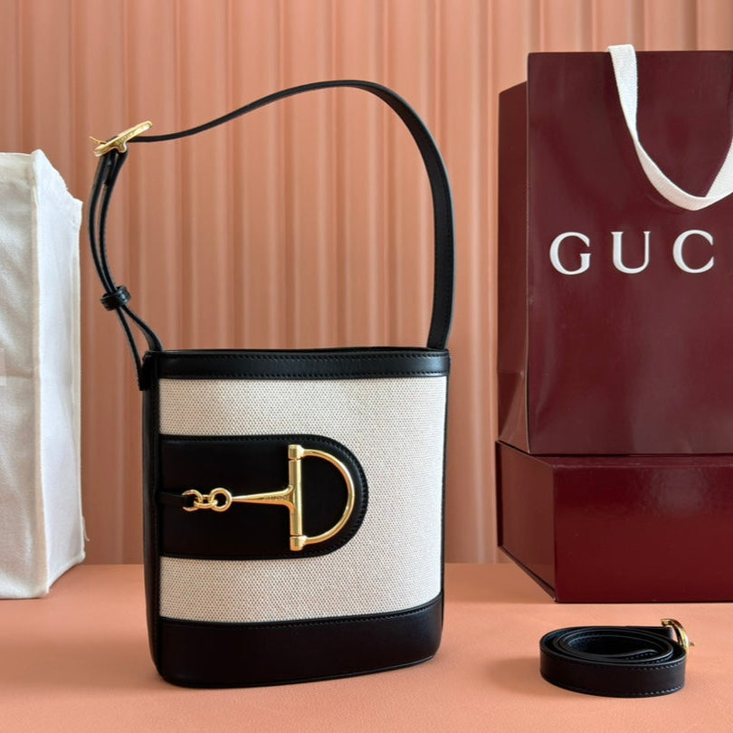 Gucci 73 Mini Bucket Bag Black White Leather Canvas 239679 mysite