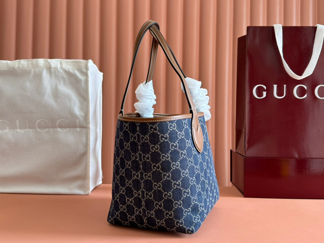 Gucci Totissima 22cm Tote Bag Blue mix Brown Denim Leather 248432 mysite