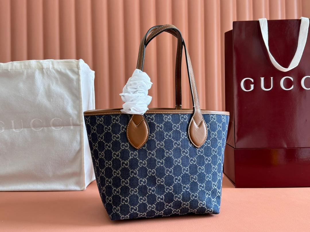 Gucci Totissima 22cm Tote Bag Blue mix Brown Denim Leather 248432 mysite