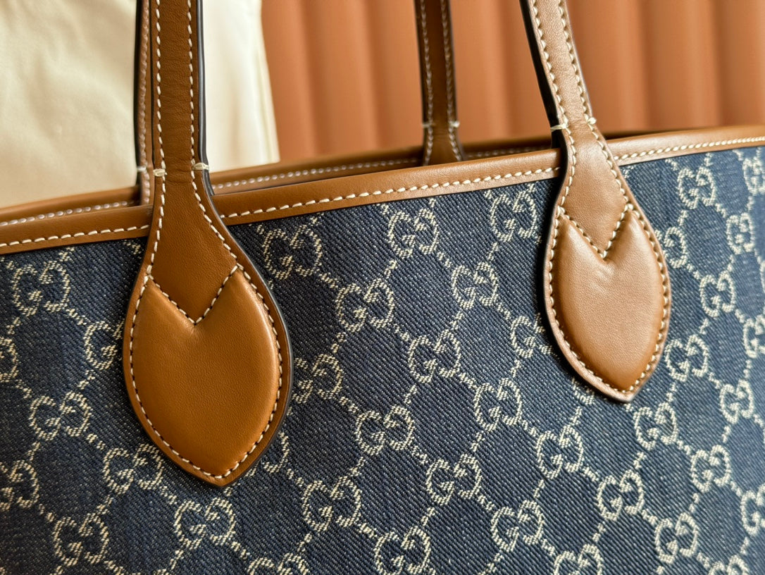 Gucci Totissima 22cm Tote Bag Blue mix Brown Denim Leather 248432 mysite