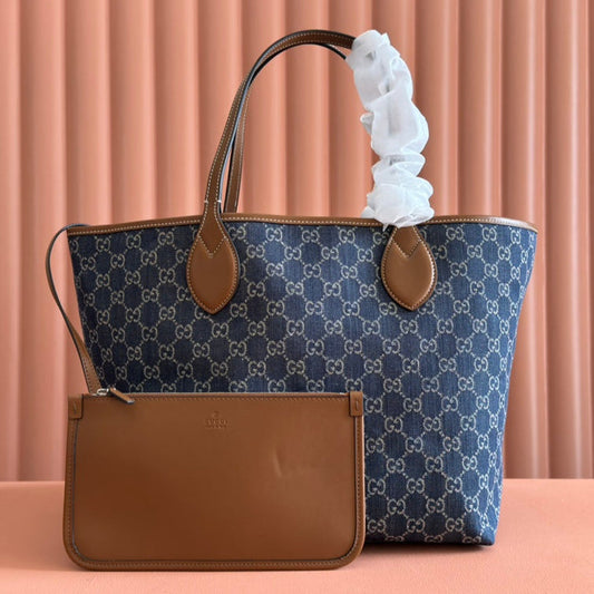 Gucci Totissima 30.5cm Tote Bag Blue mix Brown Denim Leather 248433