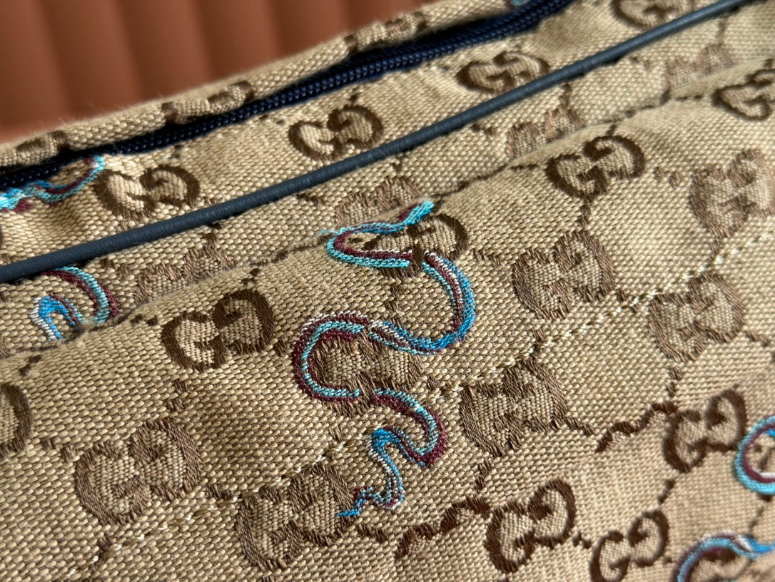 Gucci Snake Print Bag Beige mix Blue Canvas 248145 mysite