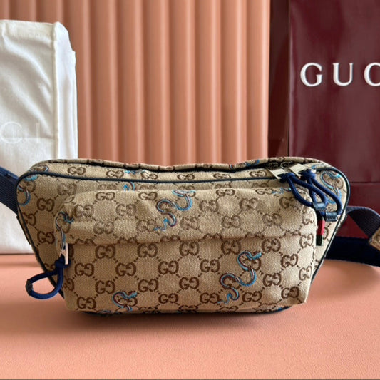 Gucci Snake Print Bag Beige mix Blue Canvas 248145 mysite