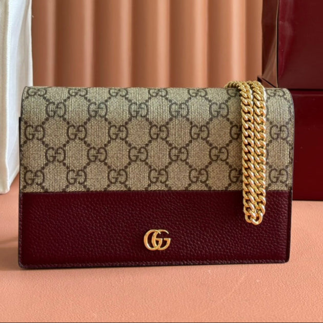 Gucci Marmont Chain Wallet Ebony mix Rosso Ancora Red Leather Canvas 255316 mysite