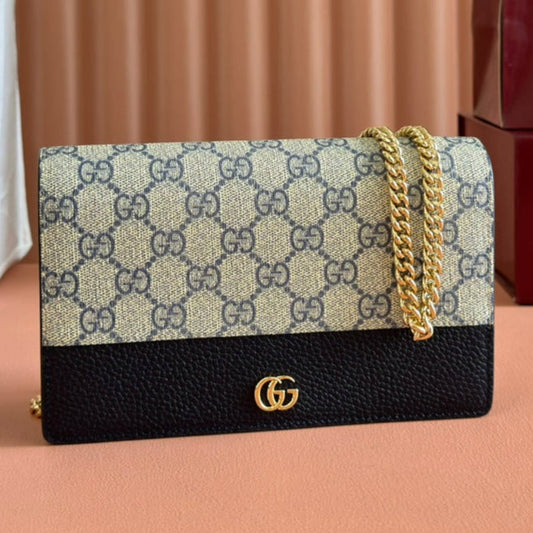 Gucci Marmont Chain Wallet Ebony Blue Black Leather Canvas 255317 mysite