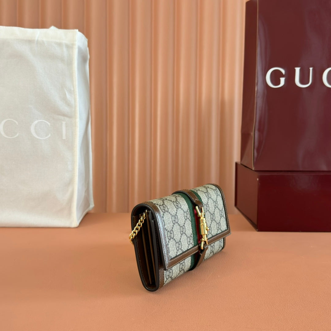 Gucci Jackie Chain Wallet Ebony Brown Canvas Leather 255174 mysite