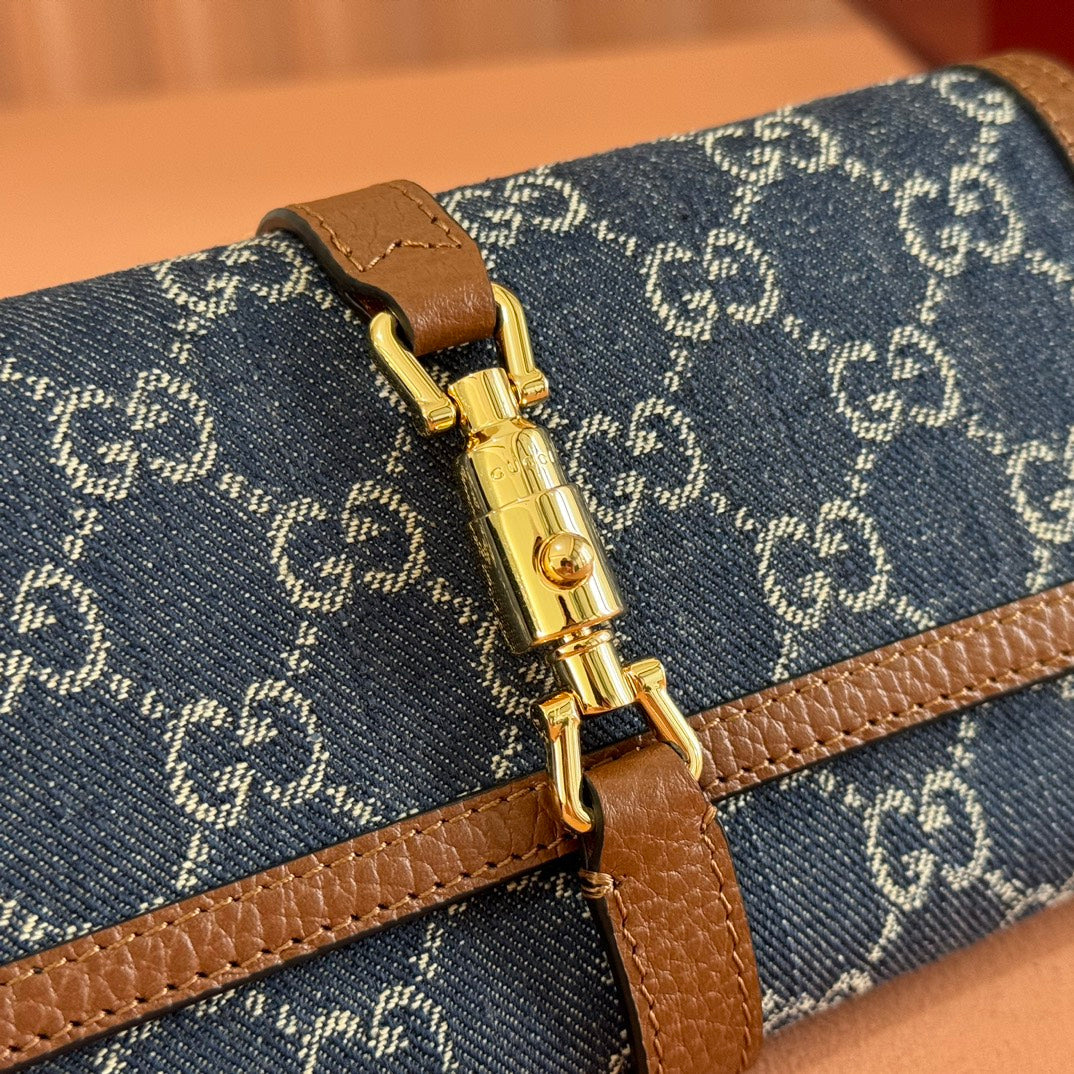 Gucci Jackie Chain Wallet Blue Brown Canvas Leather 255173 mysite