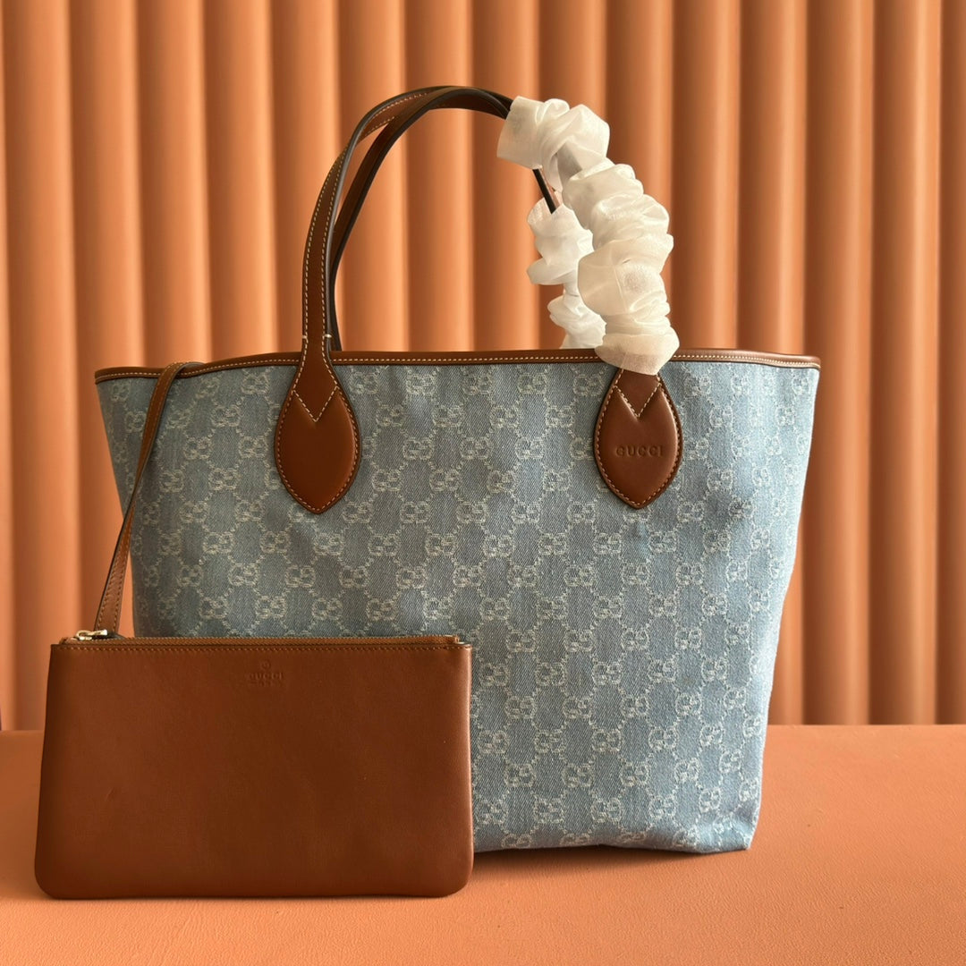 Gucci Totissima Tote Bag Blue White Denim Leather 257930 mysite