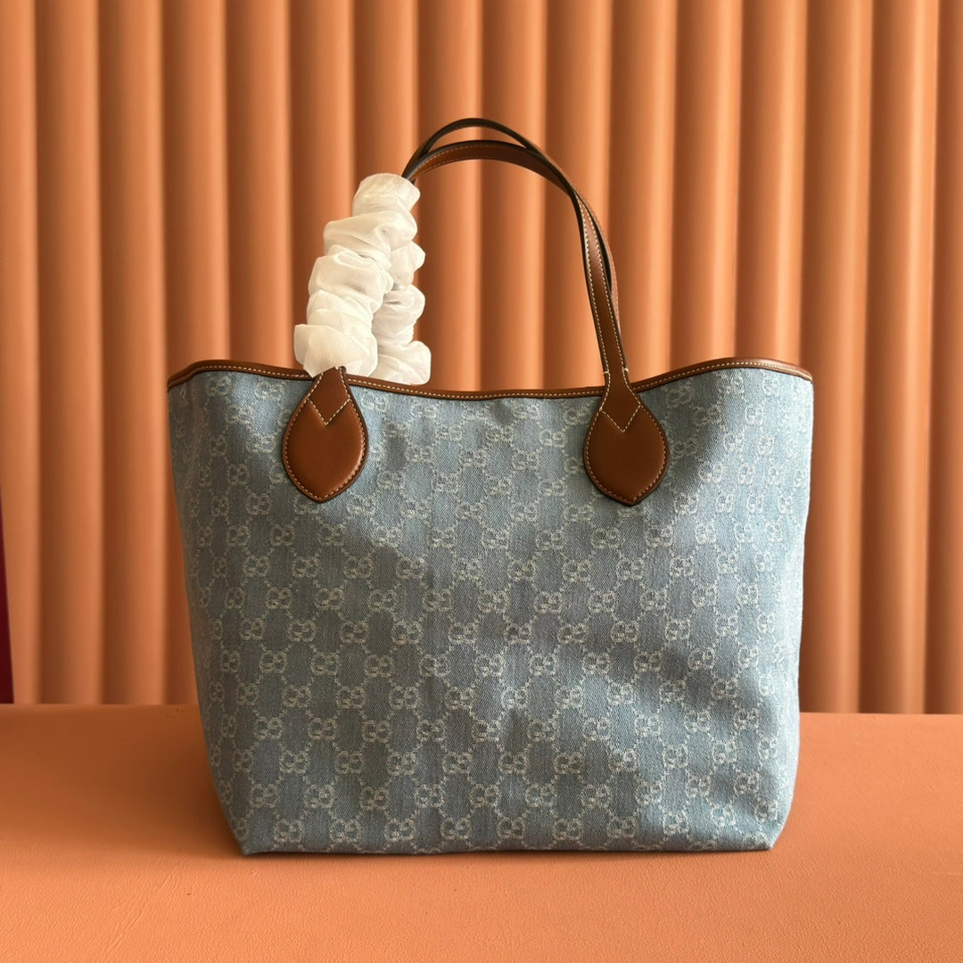 Gucci Totissima Tote Bag Blue White Denim Leather 257930 mysite