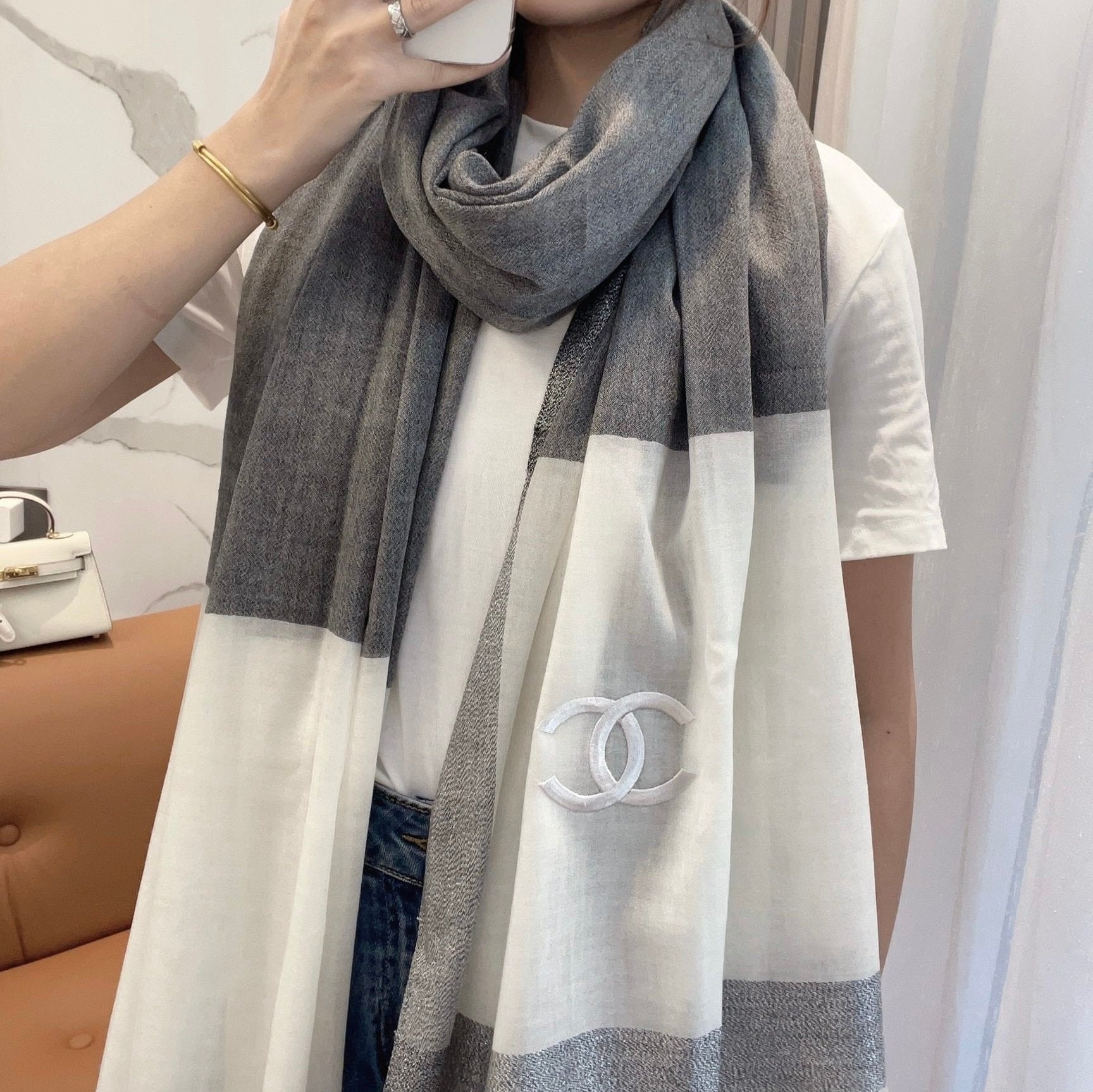 SCARF 200 CM IN SHADOW GRAY MIX WHITE CASHMERE 402262 mysite