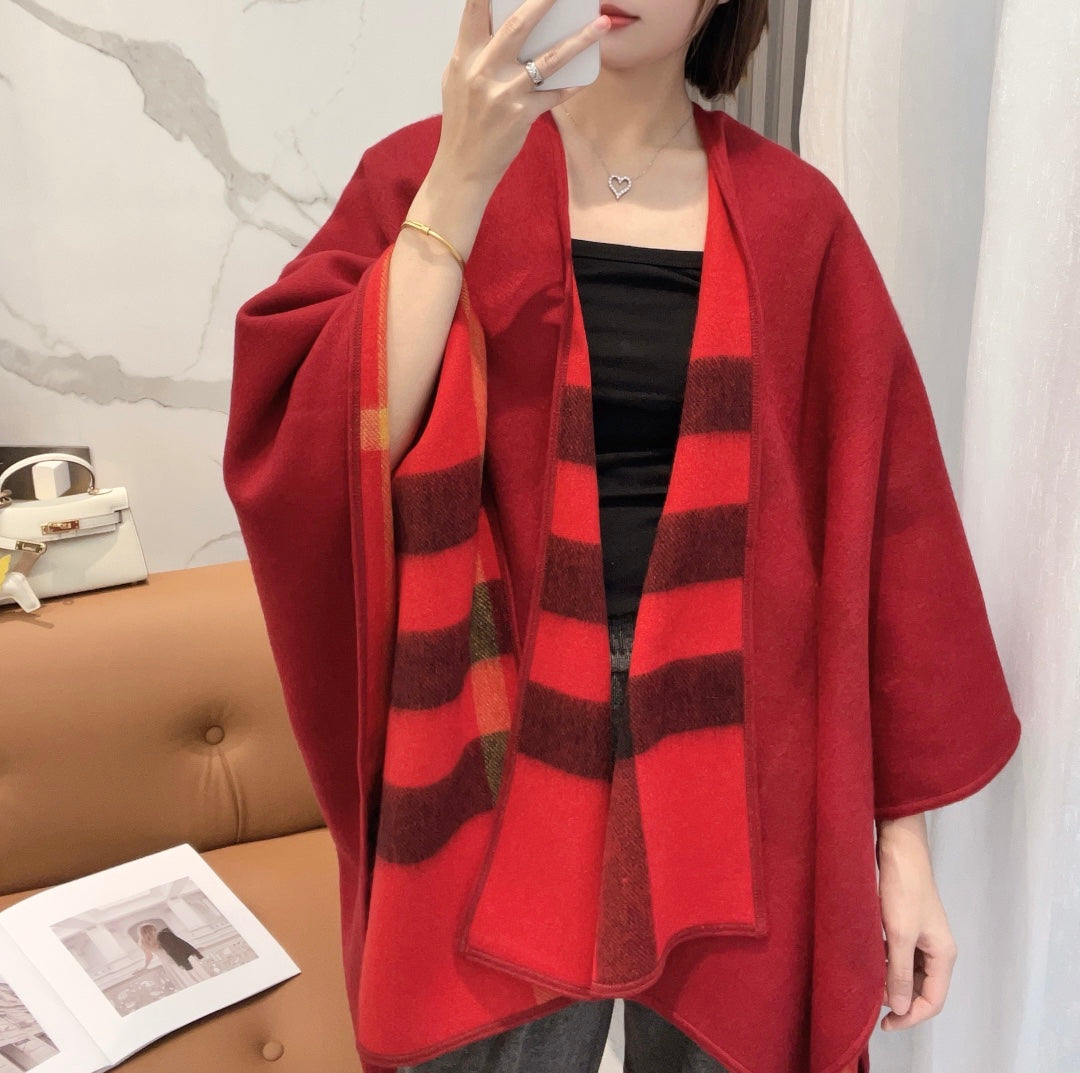 REVERSIBLE CHECK CASHMERE CAPE CHERRY RED AND BLACK 410134 mysite
