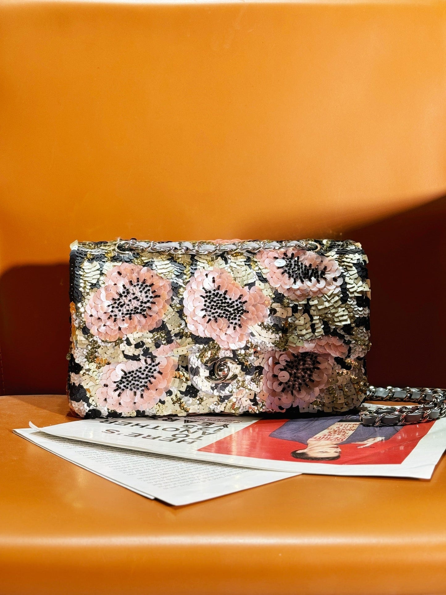 24S Flap Bag 25.5cm Multicolor Sequin Pink Flower Pearl Caflskin mysite