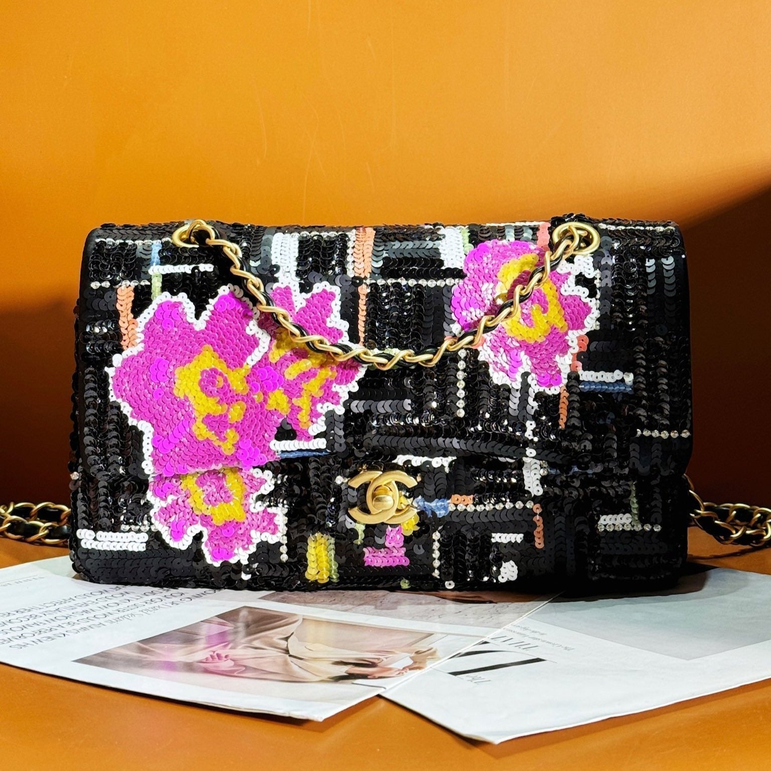 24S Flap Bag 25.5cm Black White Purple Sequin mysite