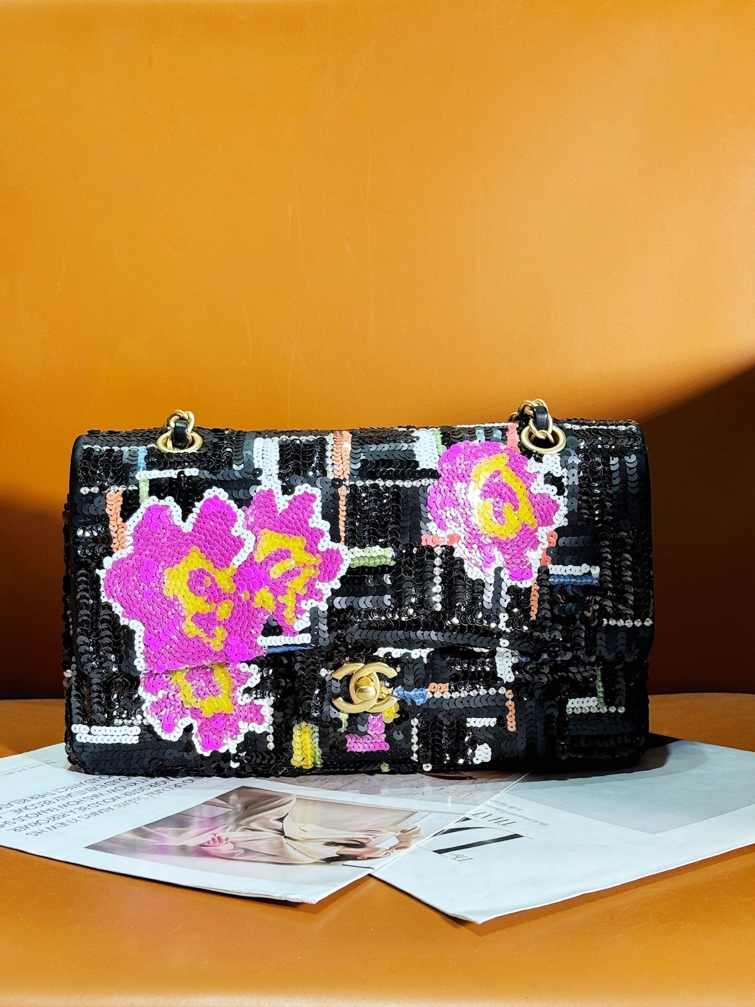 24S Flap Bag 25.5cm Black White Purple Sequin mysite