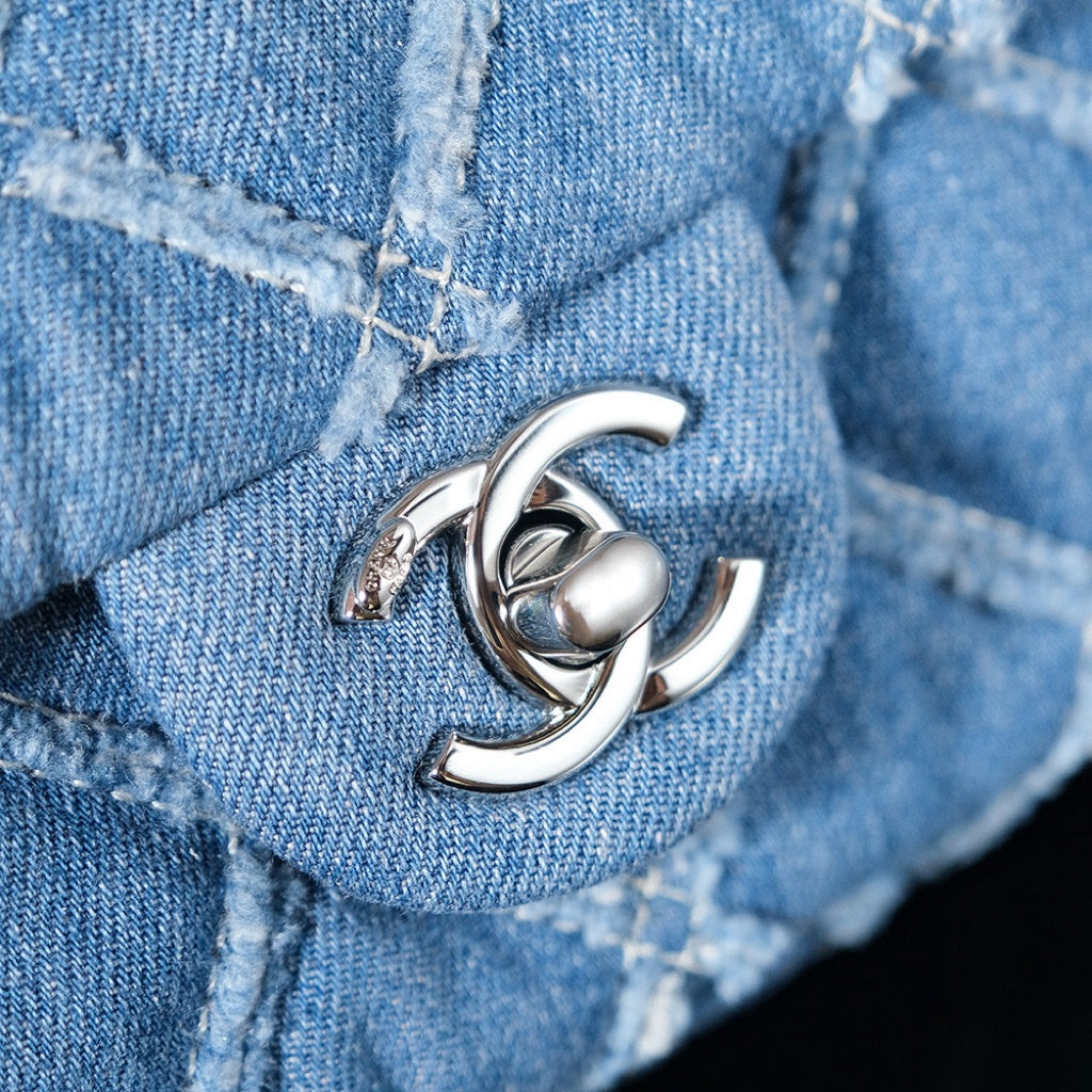 24S Flap Bag 20cm Blue Quilted Denim mysite