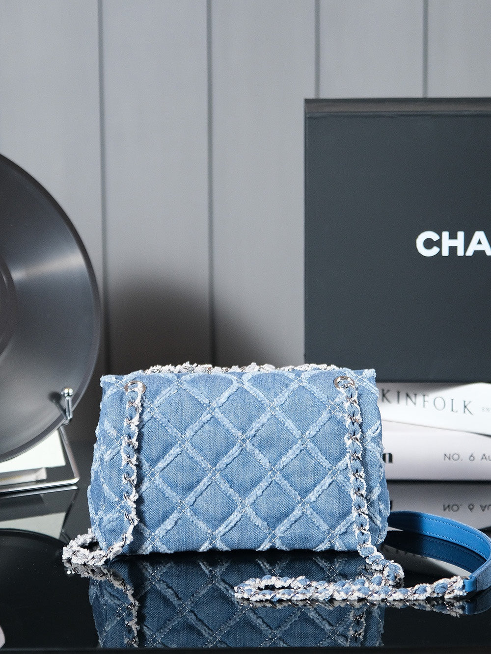 24S Flap Bag 20cm Blue Quilted Denim mysite