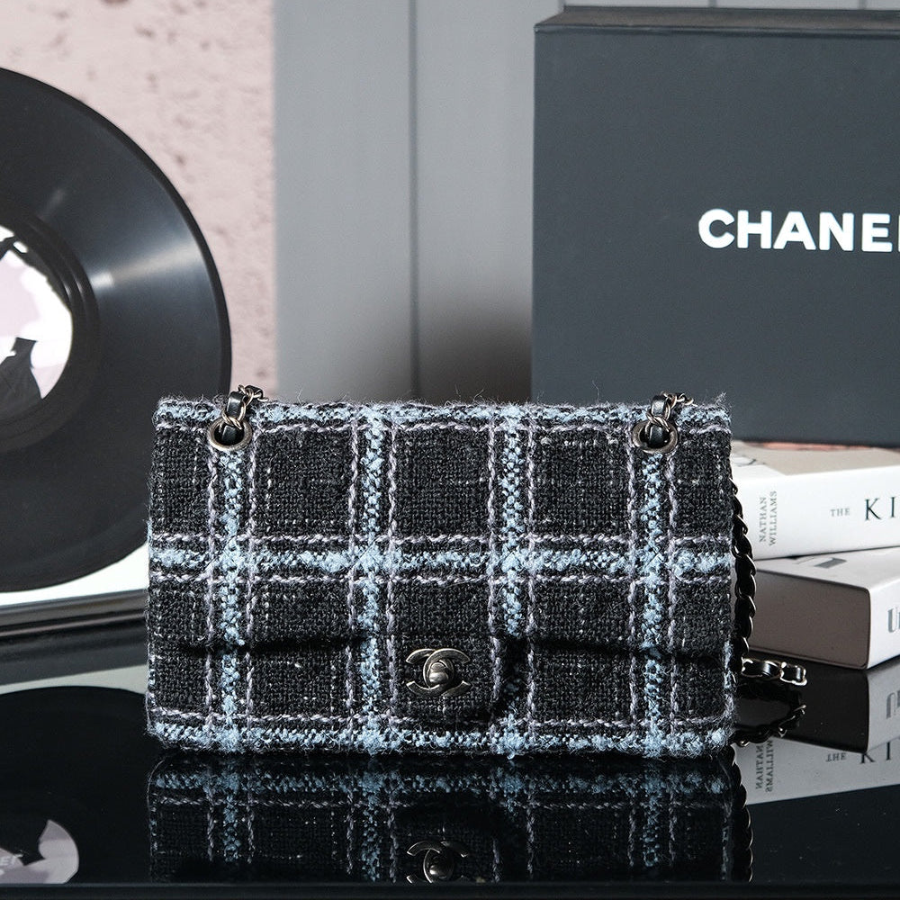 24K Flap Bag 25.5cm Blue Black Stripe Tweed mysite