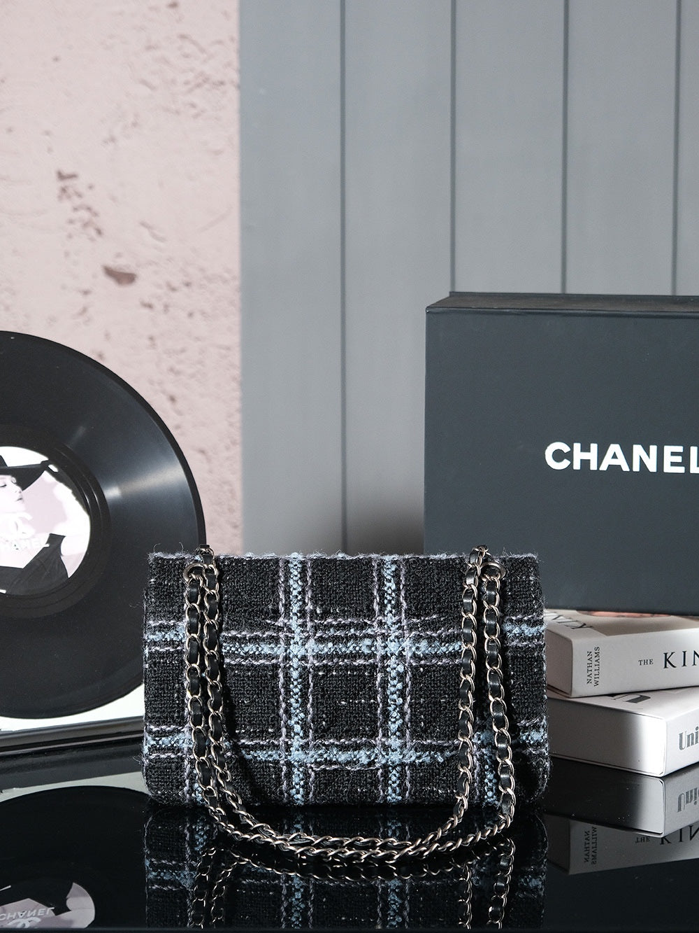 24K Flap Bag 25.5cm Blue Black Stripe Tweed mysite