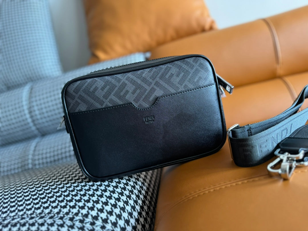 CLUTCH 22 WITH FF MOTIF IN DARK GRAY TEXTURED FABRIC AND BLACK LAMBSKIN TRIM mysite