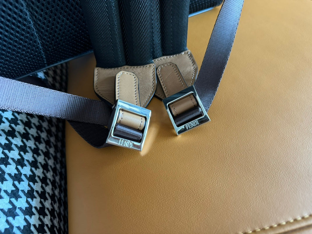 FENDI 44 MINI BACKPACK IN CAMEL BROWN MONOGRAM JACQUARD FABRIC AND CALFSKIN mysite