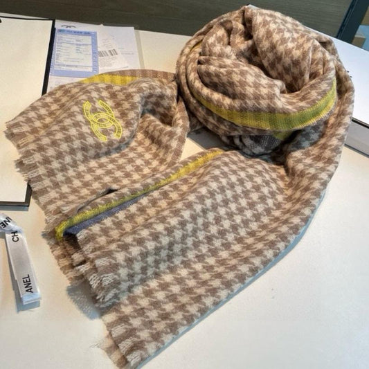 SCARF 190 CM IN PEANUT BROWN CHECKERED PATTERN CASHMERE 387911 mysite