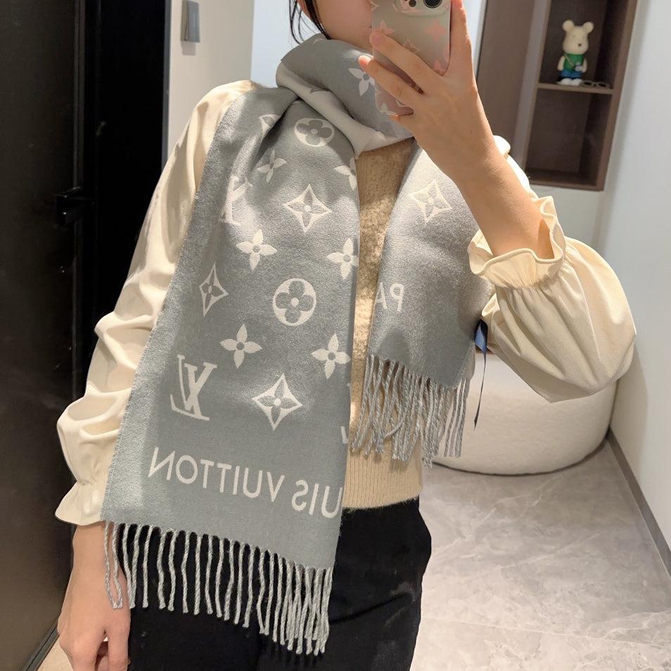 ALL ABOUT MONOGRAM SCARF 185 CM IN LIGHT GRAY WOOL 394498 mysite