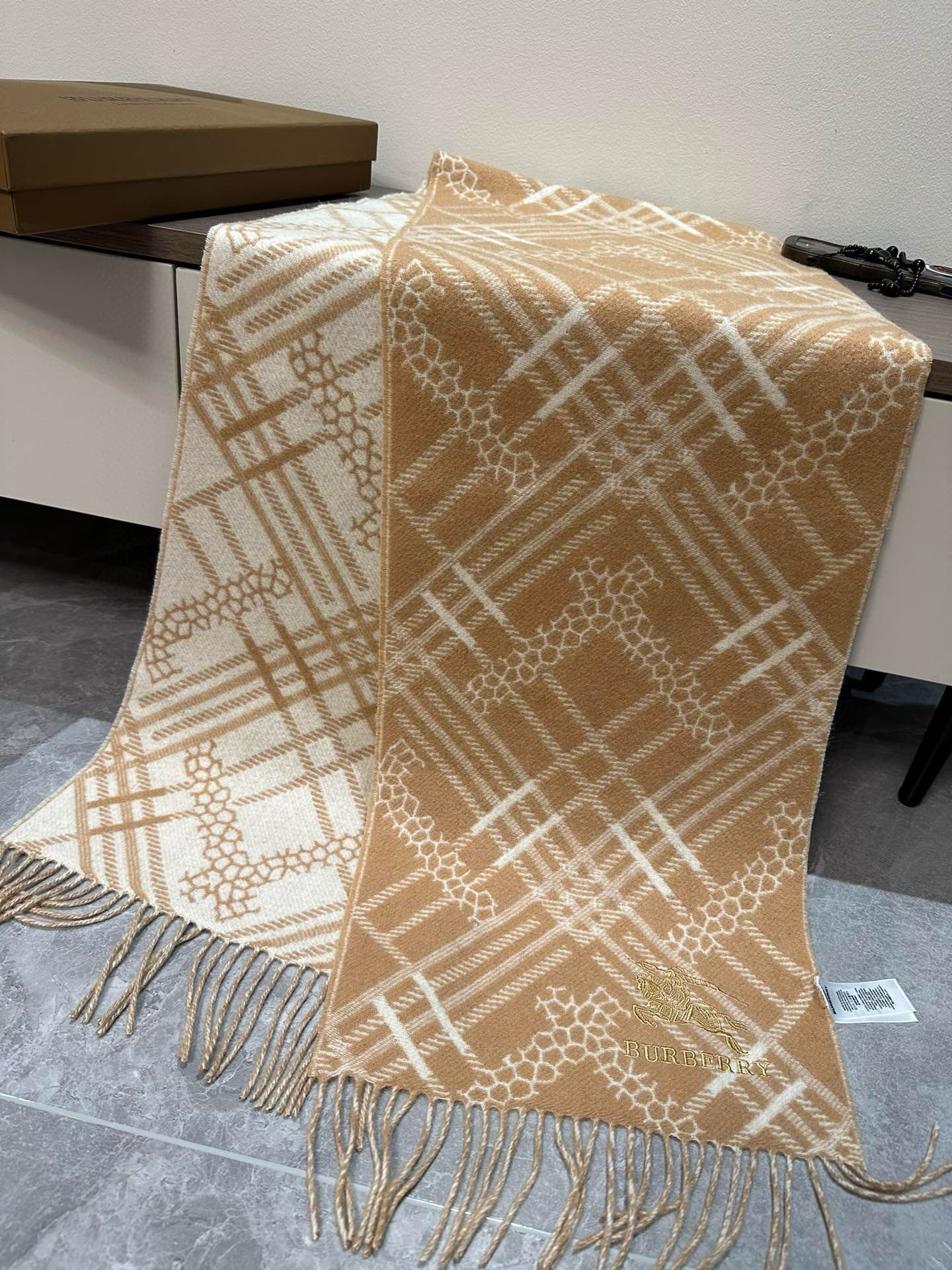 CLASSIC CHECK SCARF 168 CM IN CIDER BROWN CASHMERE 396322 mysite