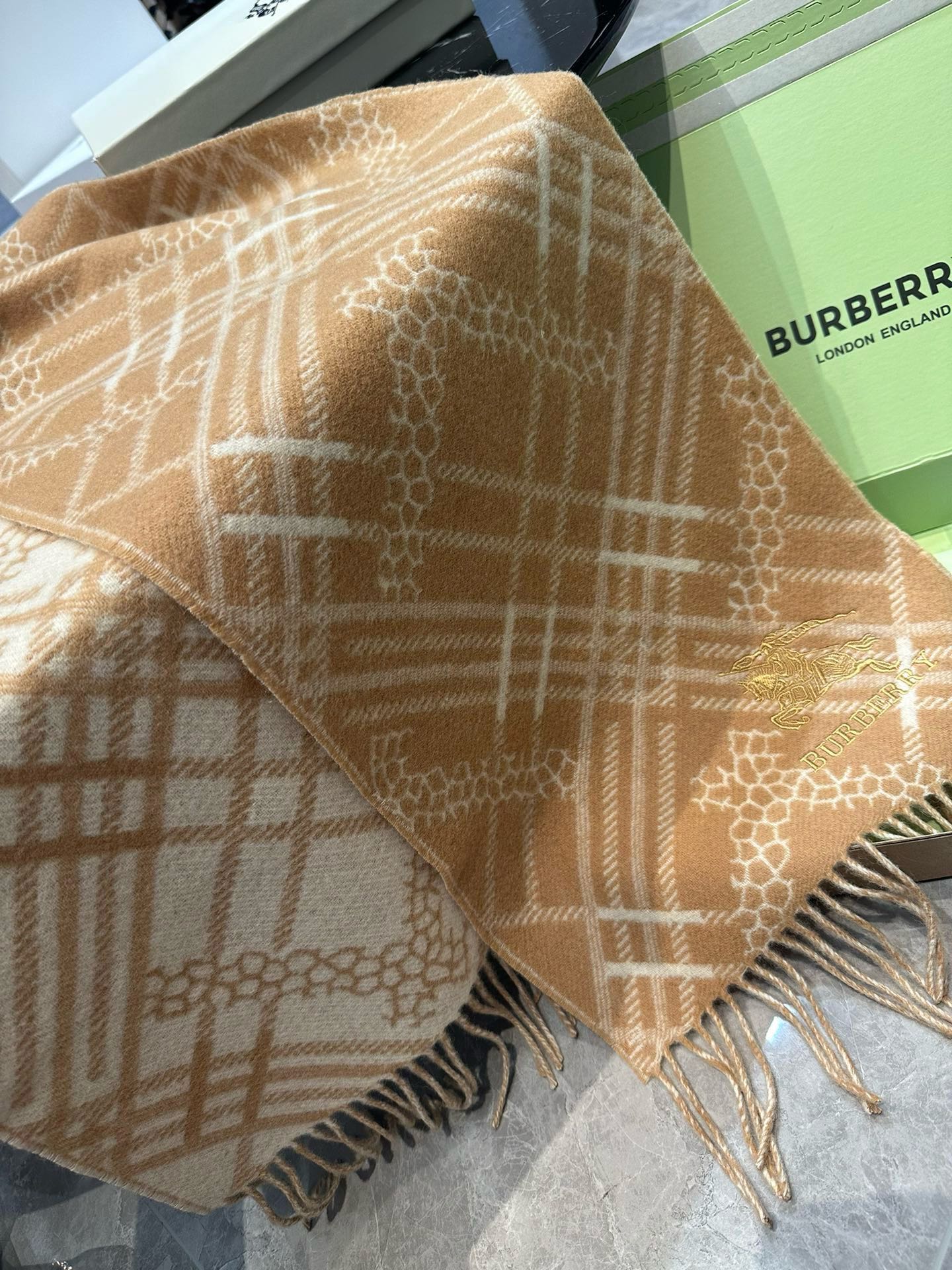 CLASSIC CHECK SCARF 168 CM IN CIDER BROWN CASHMERE 396322 mysite