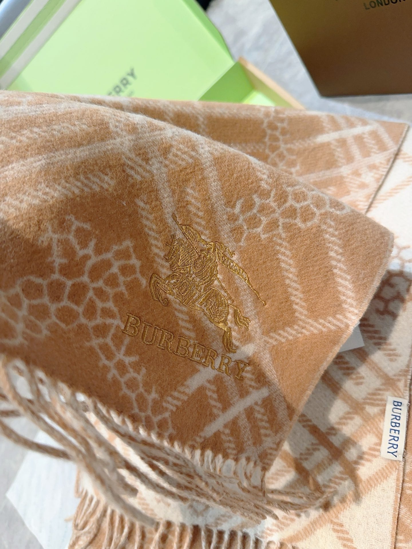 CLASSIC CHECK SCARF 168 CM IN CIDER BROWN CASHMERE 396322 mysite