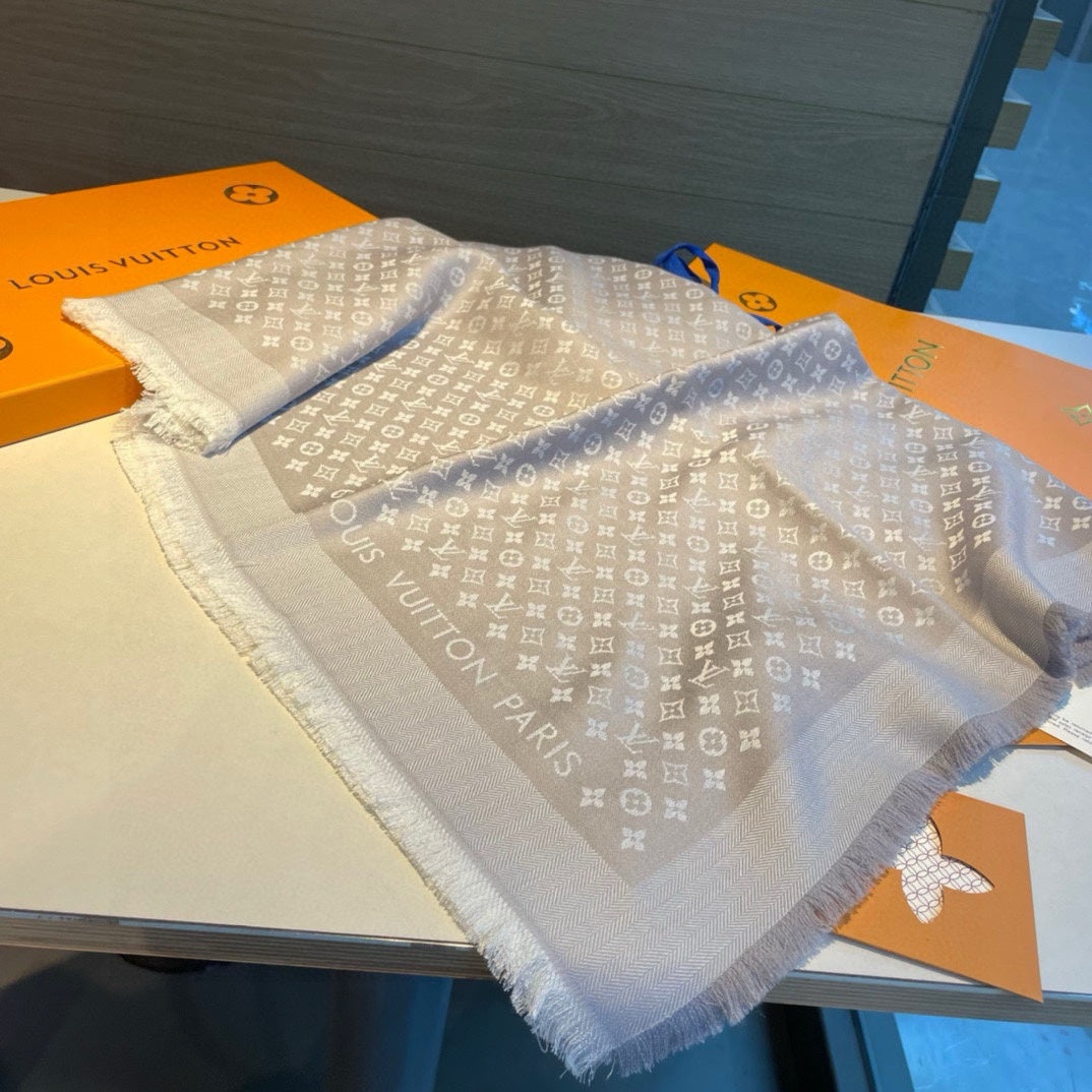 MONOGRAM SHINE SCARF 120 CM IN PASTEL GRAY WOOL AND MULBERRY SILK 398195 mysite