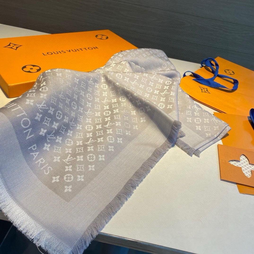 MONOGRAM SHINE SCARF 120 CM IN PASTEL GRAY WOOL AND MULBERRY SILK 398195 mysite