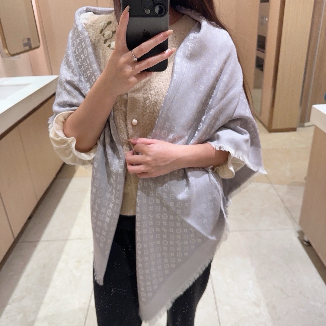 MONOGRAM SHINE SCARF 120 CM IN PASTEL GRAY WOOL AND MULBERRY SILK 398195 mysite