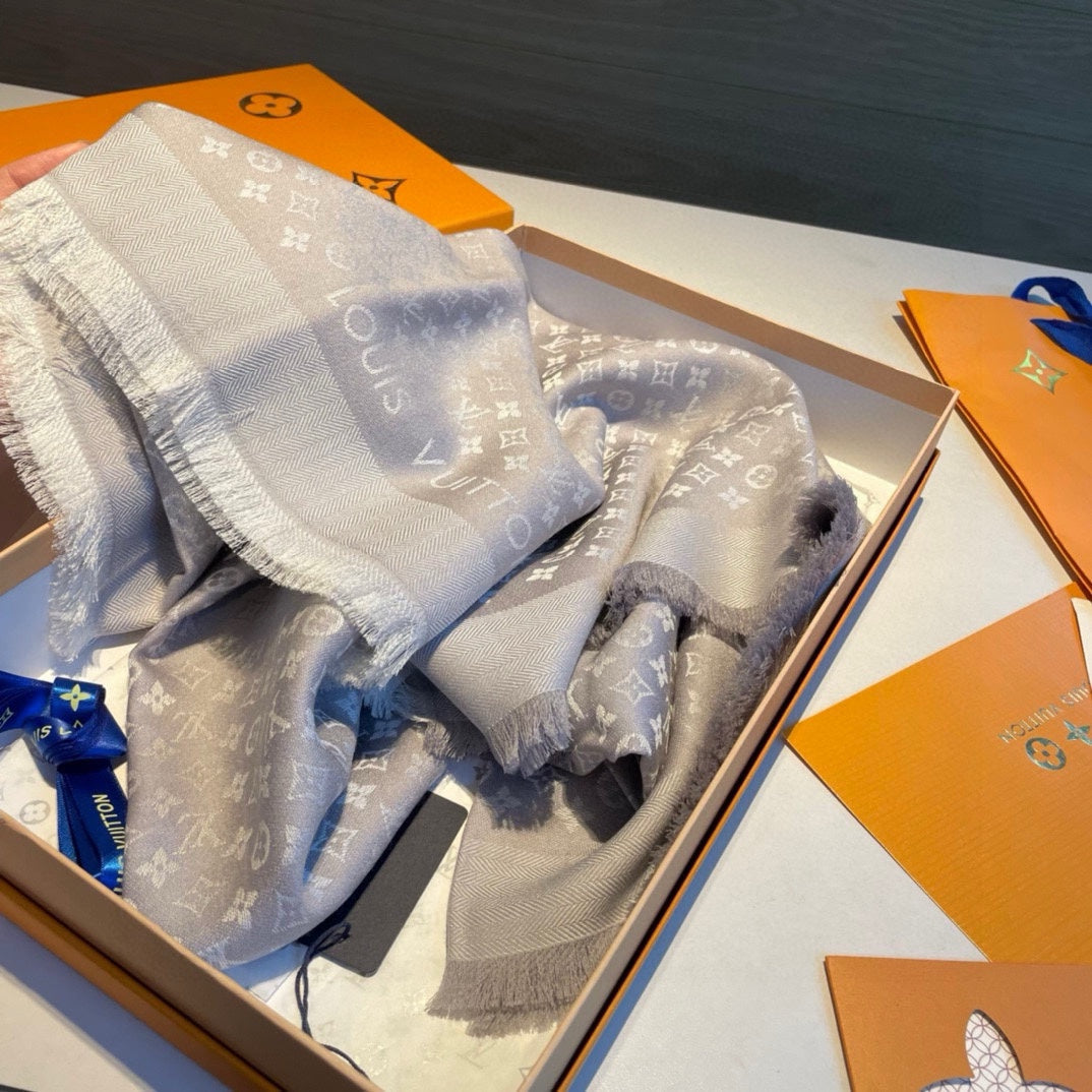 MONOGRAM SHINE SCARF 120 CM IN PASTEL GRAY WOOL AND MULBERRY SILK 398195 mysite