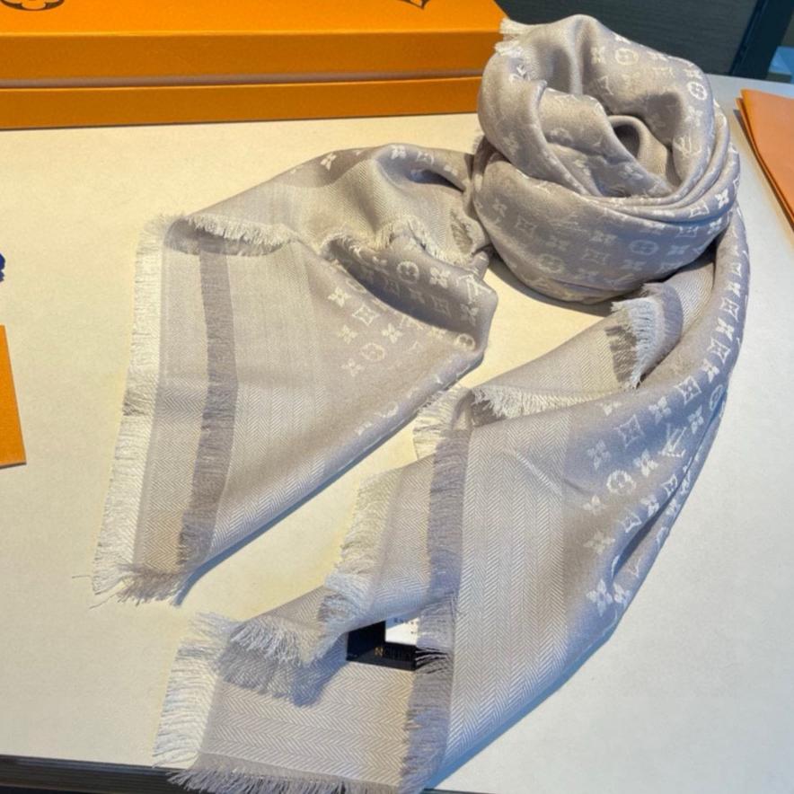 MONOGRAM SHINE SCARF 120 CM IN PASTEL GRAY WOOL AND MULBERRY SILK 398195 mysite