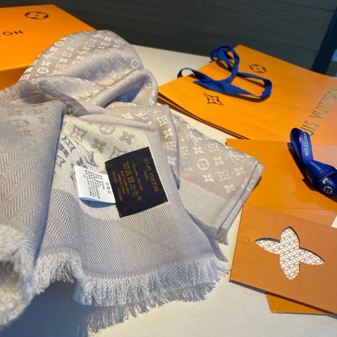 MONOGRAM SHINE SCARF 120 CM IN PASTEL GRAY WOOL AND MULBERRY SILK 398195 mysite