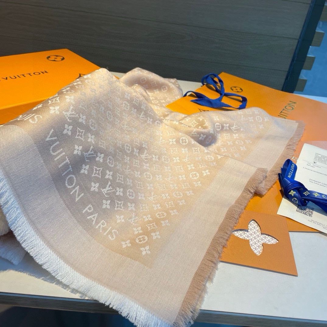 MONOGRAM SHINE SCARF 120 CM IN METALLIC BEIGE WOOL AND MULBERRY SILK 398197 mysite