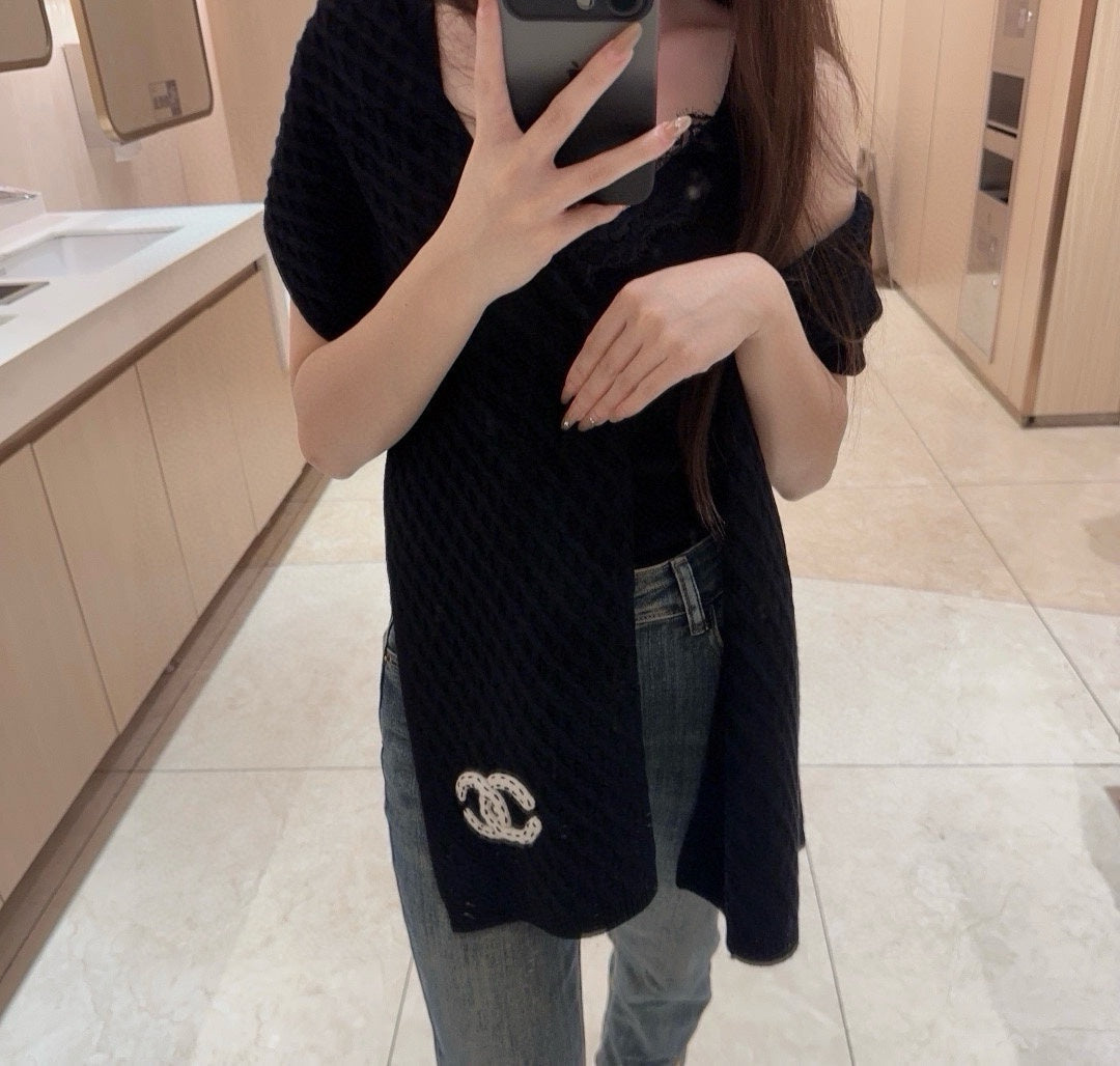 SCARF 170 CM IN BLACK CASHMERE WITH WHITE LOGO 401989 mysite