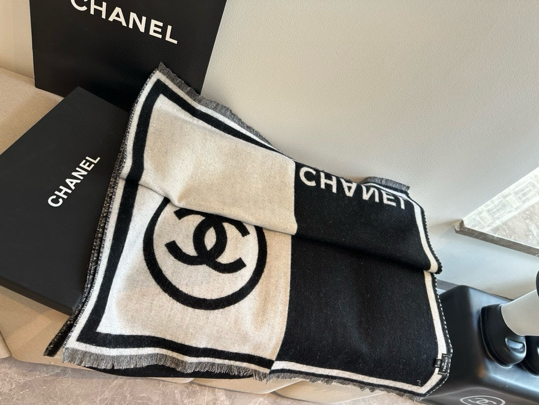 SCARF 190 CM IN BLACK MIX WHITE CASHMERE AND WOOL 401998 mysite