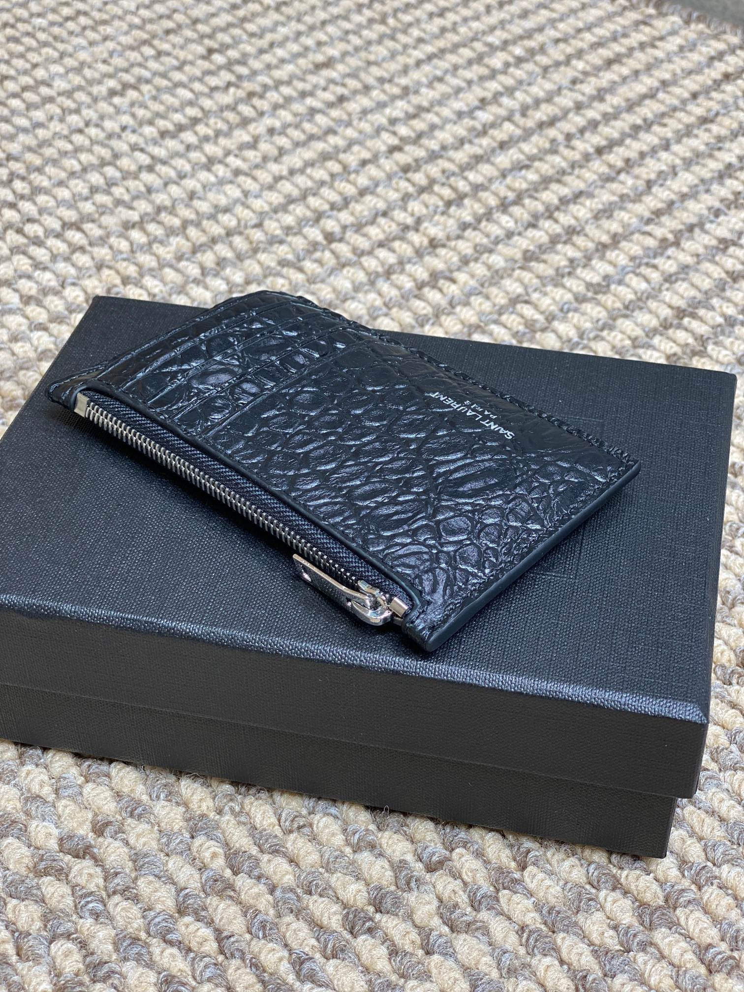 YSL Zip Card Case Black Croc Embossed Leather mysite