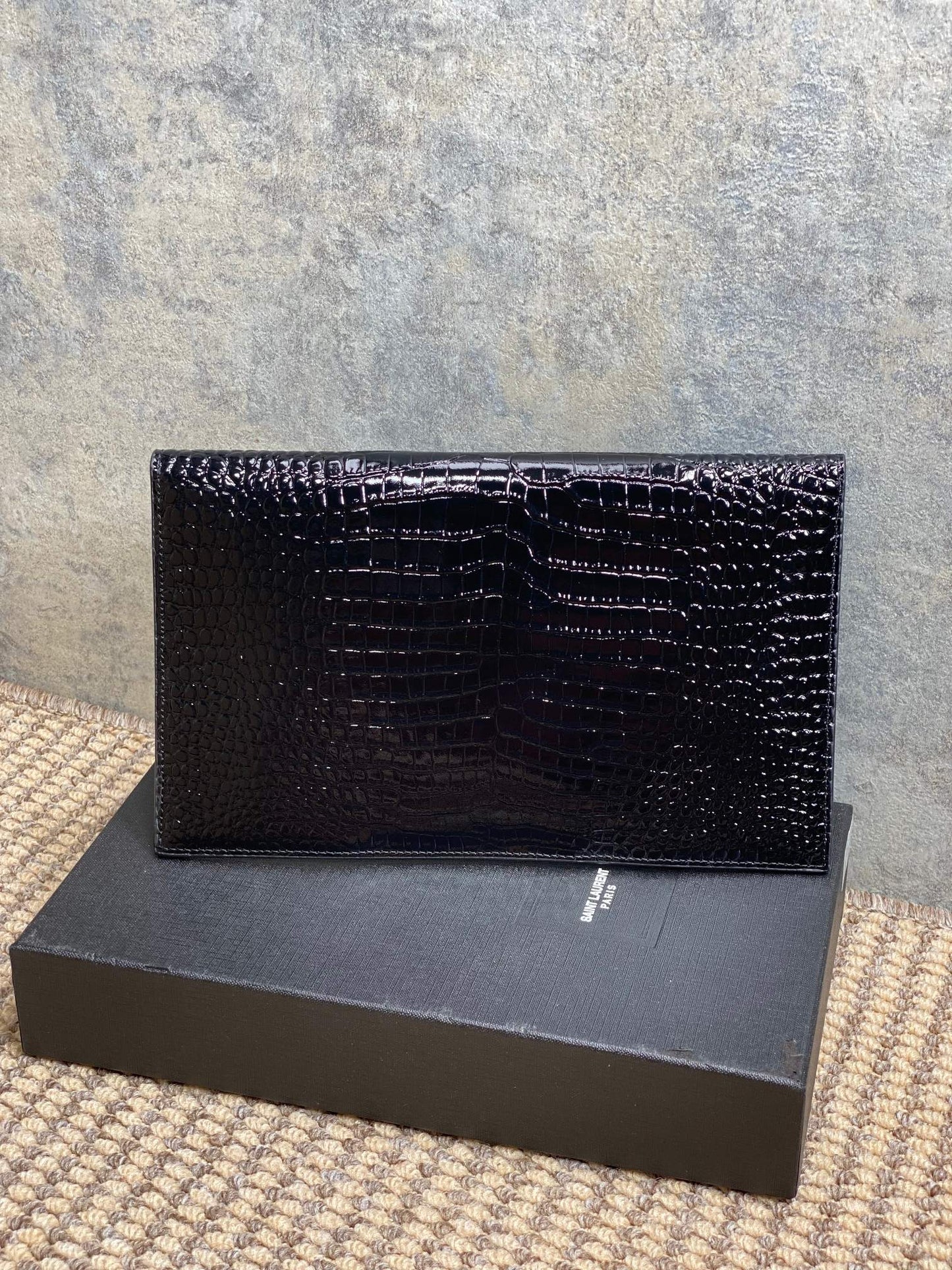 YSL 22s Uptown Pouch Clutch Bag Black Croc Embossed Leather GHW mysite